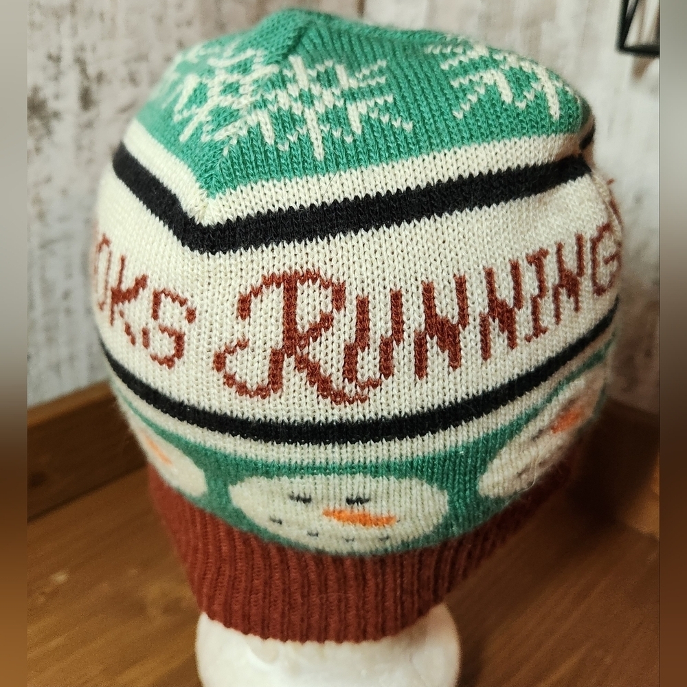 Brooks Festive Green and Brown Knit Hat Running Tobaggon Snowman Winter ⛄️ Cap